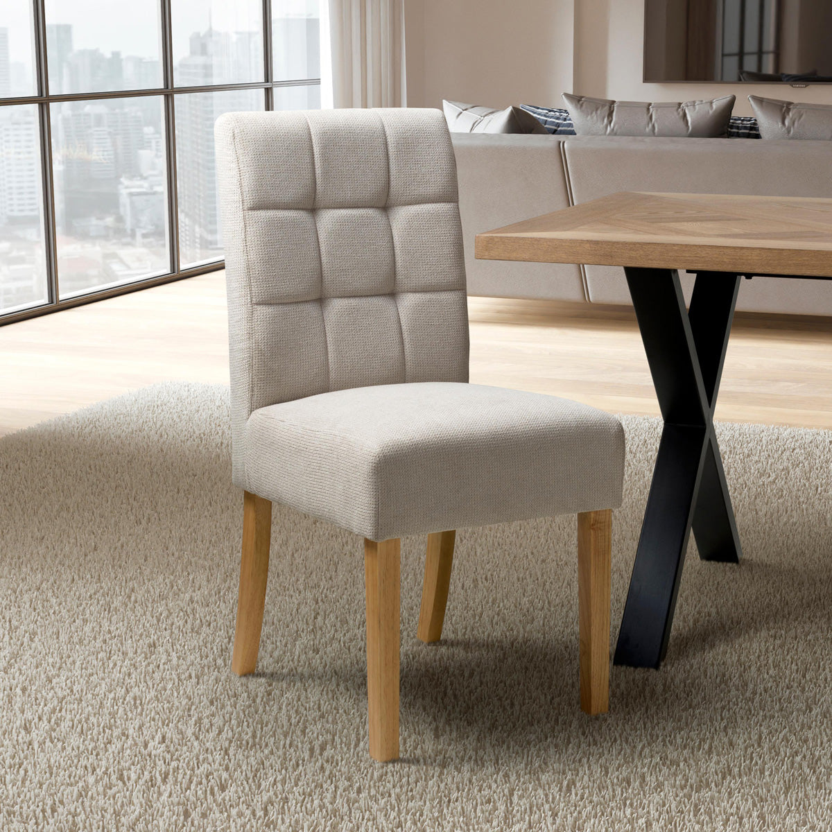 Waffle Flax Effect Fabric Dining Chairs in Set Of 2 With Natural Legs - Moseley