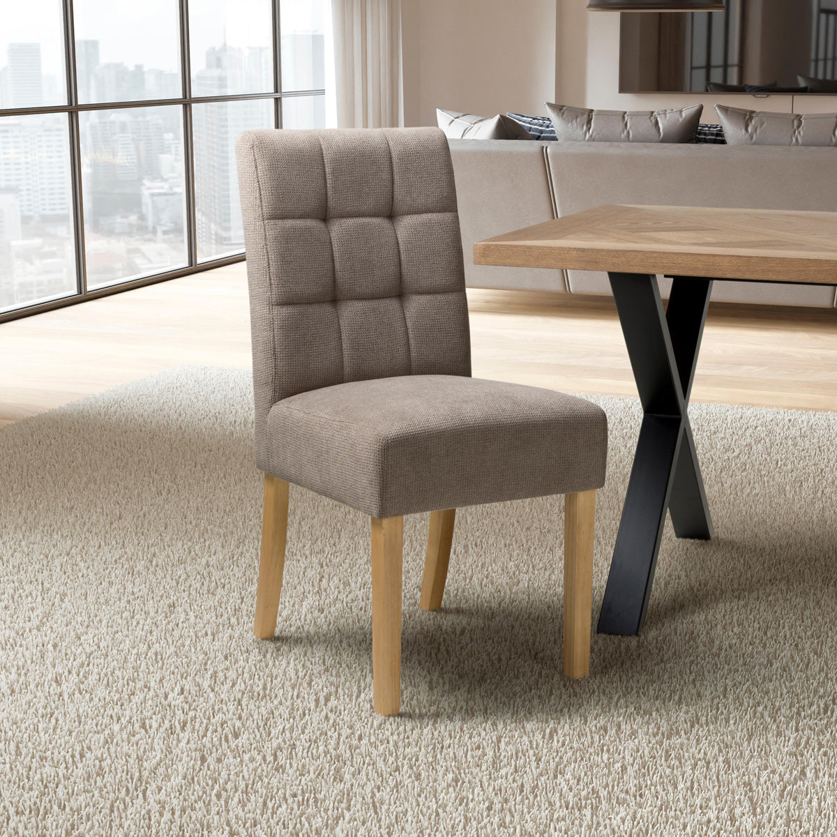 Waffle Flax Effect Fabric Dining Chairs in Set Of 2 With Natural Legs - Moseley