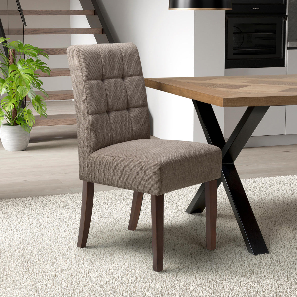 Waffle Flax Effect Fabric Dining Chairs in Set Of 2 With Walnut Legs - Moseley