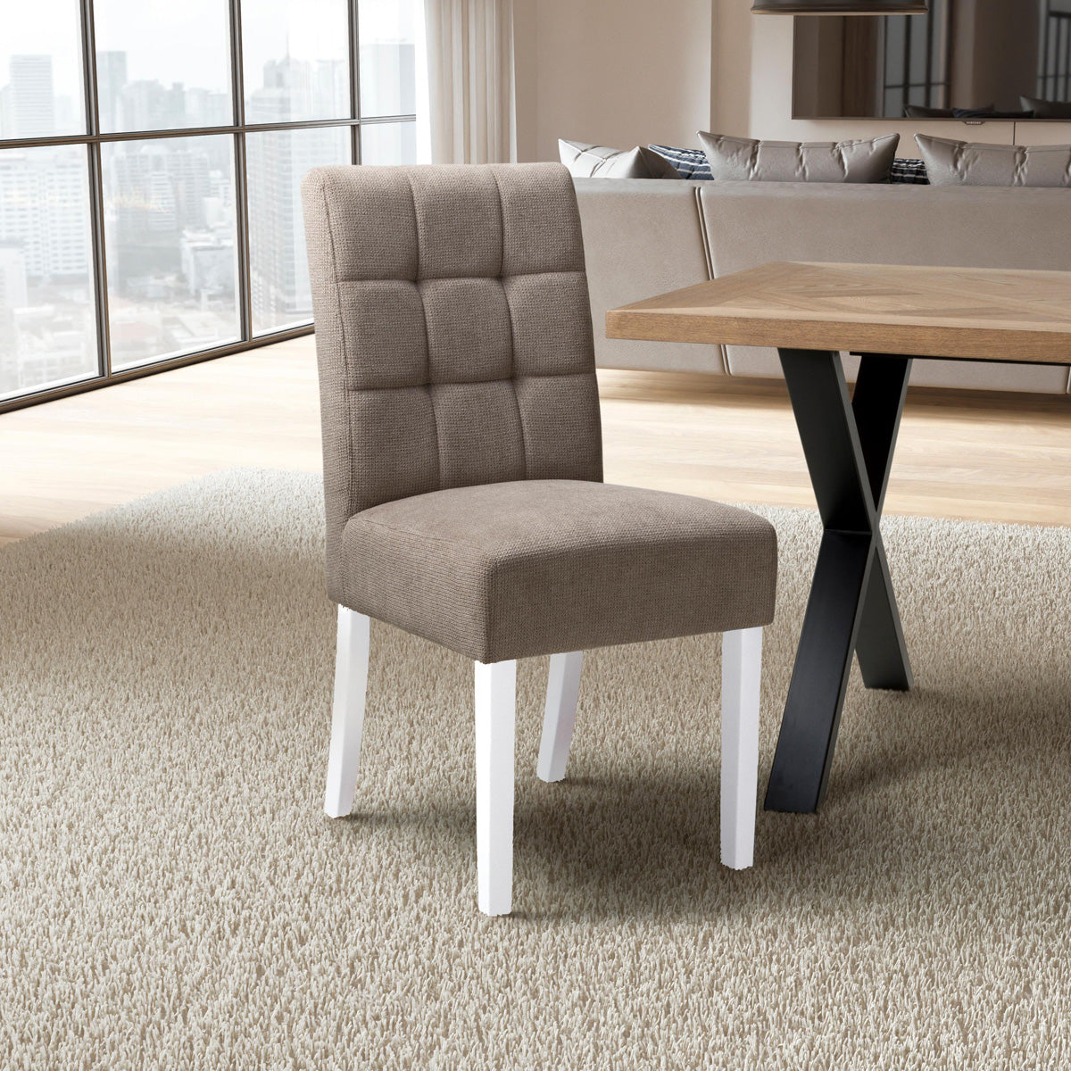 Waffle Flax Effect Fabric Dining Chairs in Set Of 2 With White Legs - Moseley