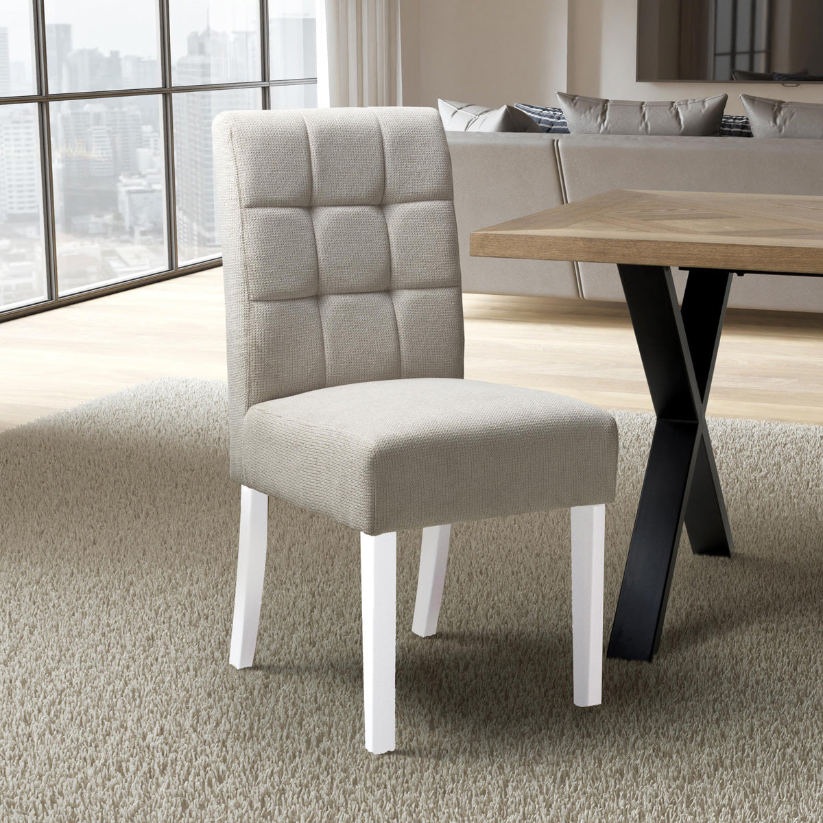 Waffle Flax Effect Fabric Dining Chairs in Set Of 2 With White Legs - Moseley