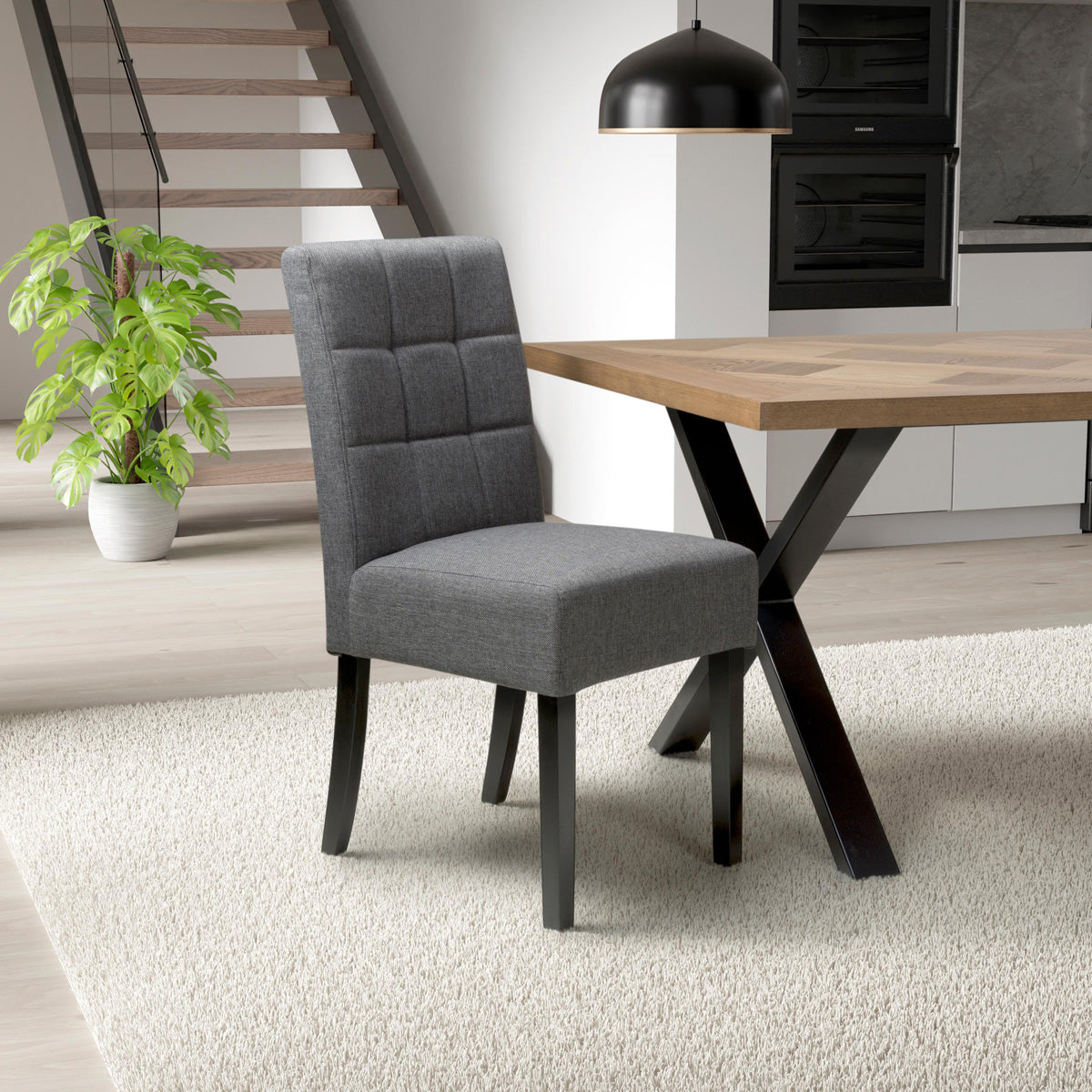 Waffle Linen Effect Fabric Dining Chairs in Set Of 2 With Black Legs - Moseley