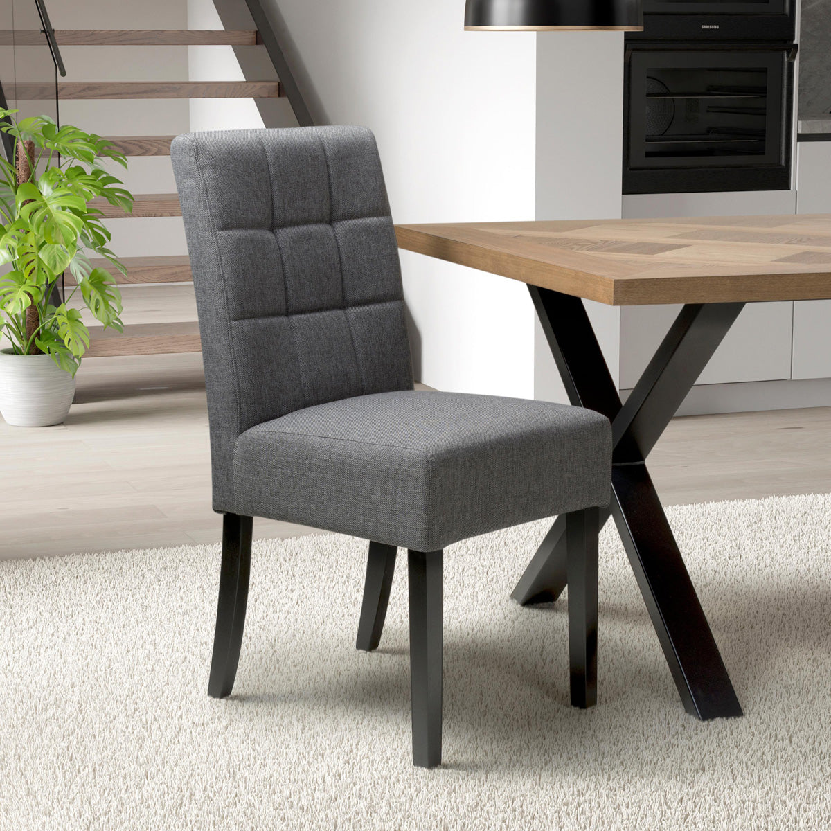 Waffle Linen Effect Fabric Dining Chairs in Set Of 2 With Black Legs - Moseley