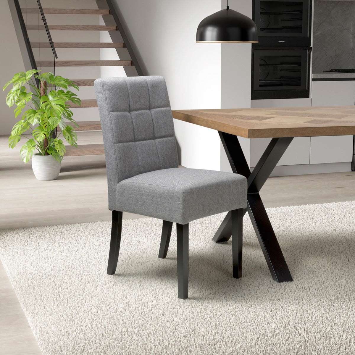 Waffle Linen Effect Fabric Dining Chairs in Set Of 2 With Black Legs - Moseley