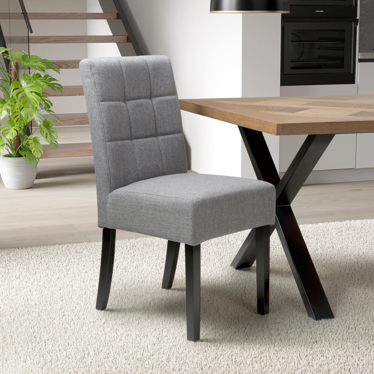 Waffle Linen Effect Fabric Dining Chairs in Set Of 2 With Black Legs - Moseley