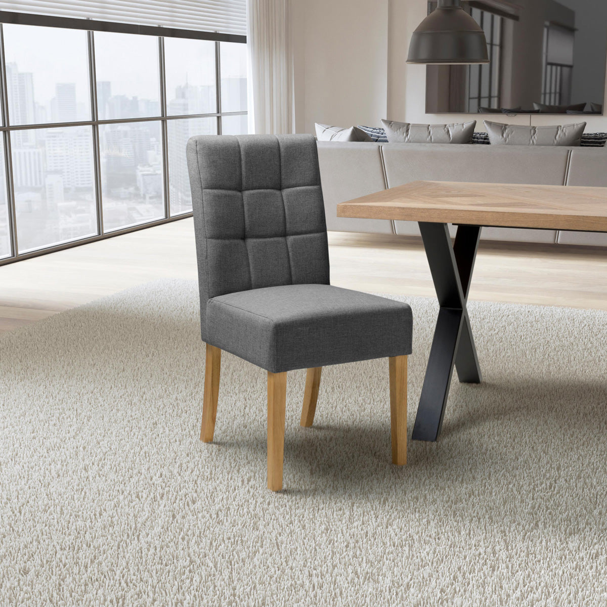 Waffle Linen Effect Fabric Dining Chairs in Set Of 2 With Natural Legs - Moseley