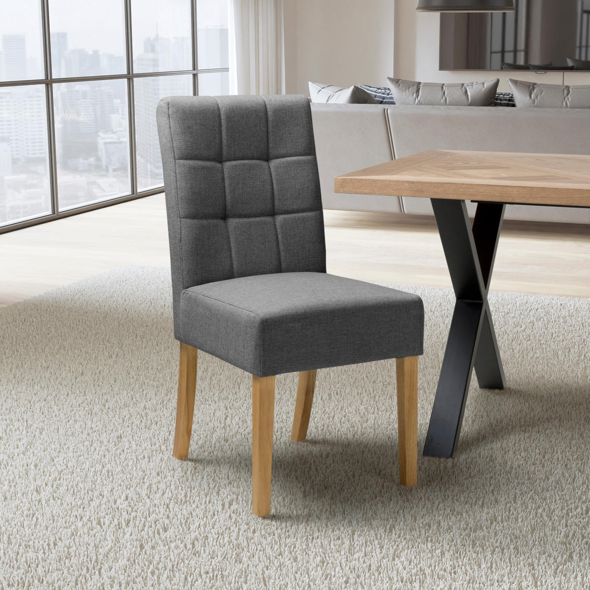 Waffle Linen Effect Fabric Dining Chairs in Set Of 2 With Natural Legs - Moseley