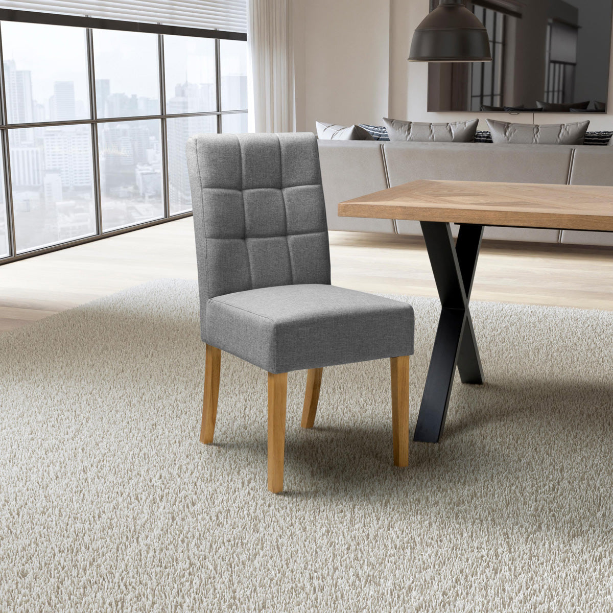 Waffle Linen Effect Fabric Dining Chairs in Set Of 2 With Natural Legs - Moseley