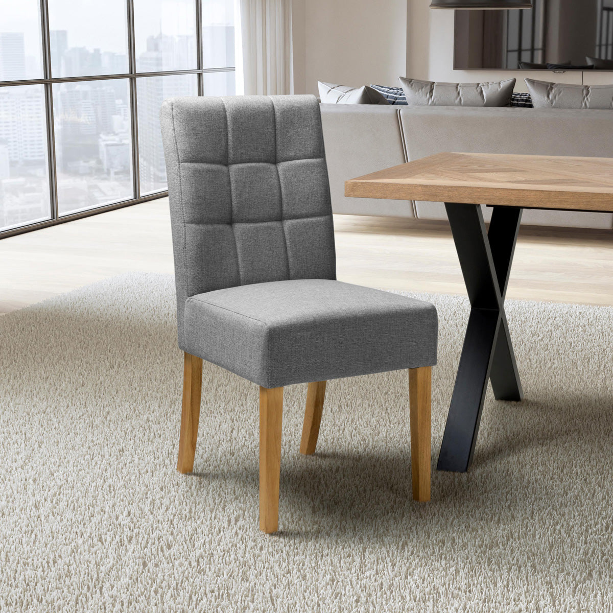 Waffle Linen Effect Fabric Dining Chairs in Set Of 2 With Natural Legs - Moseley