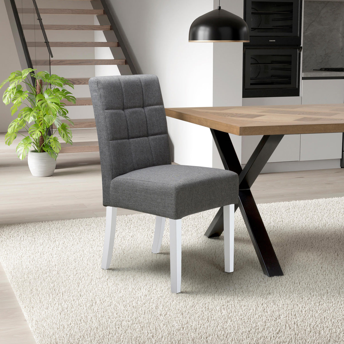 Waffle Linen Effect Fabric Dining Chairs in Set Of 2 With White Legs - Moseley