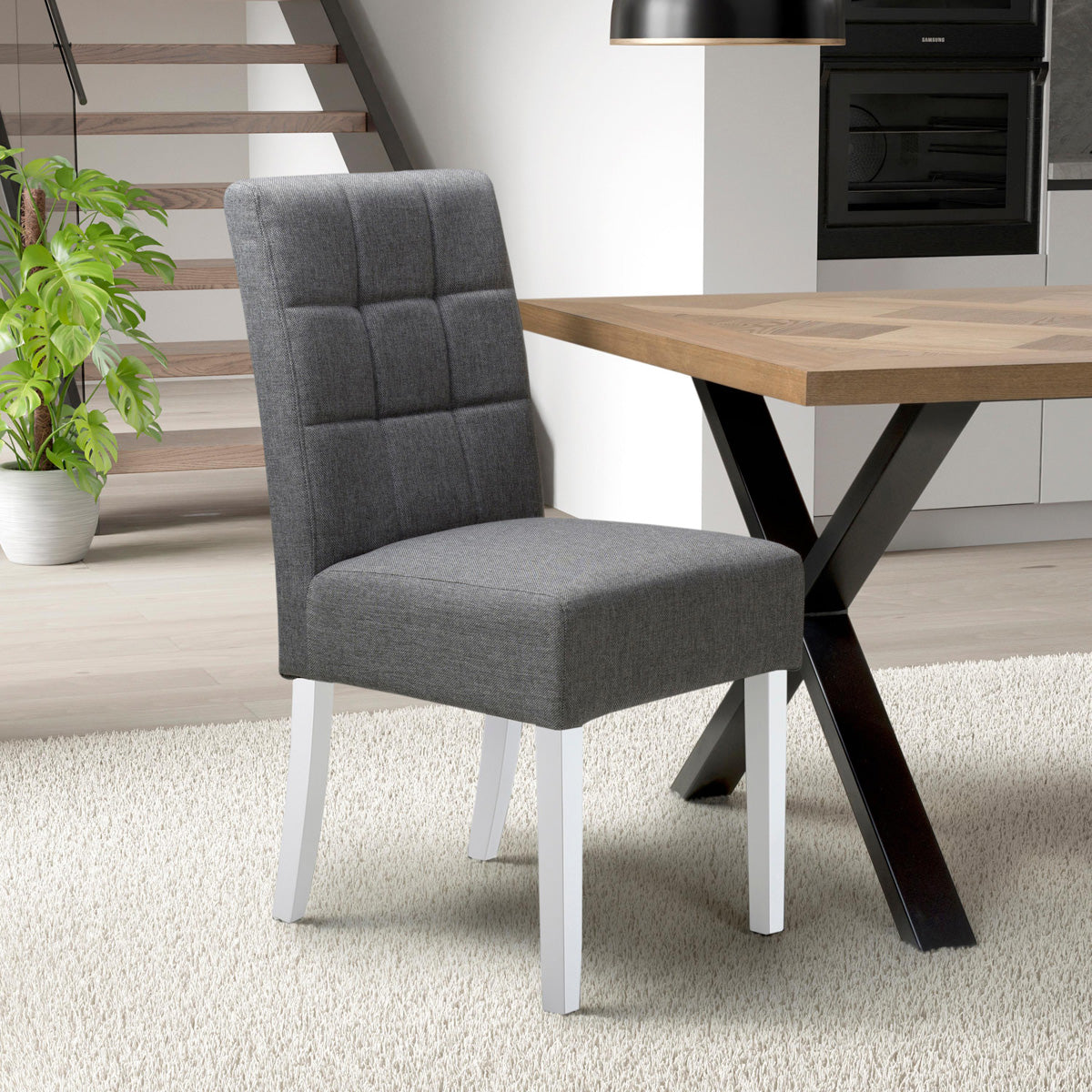 Waffle Linen Effect Fabric Dining Chairs in Set Of 2 With White Legs - Moseley