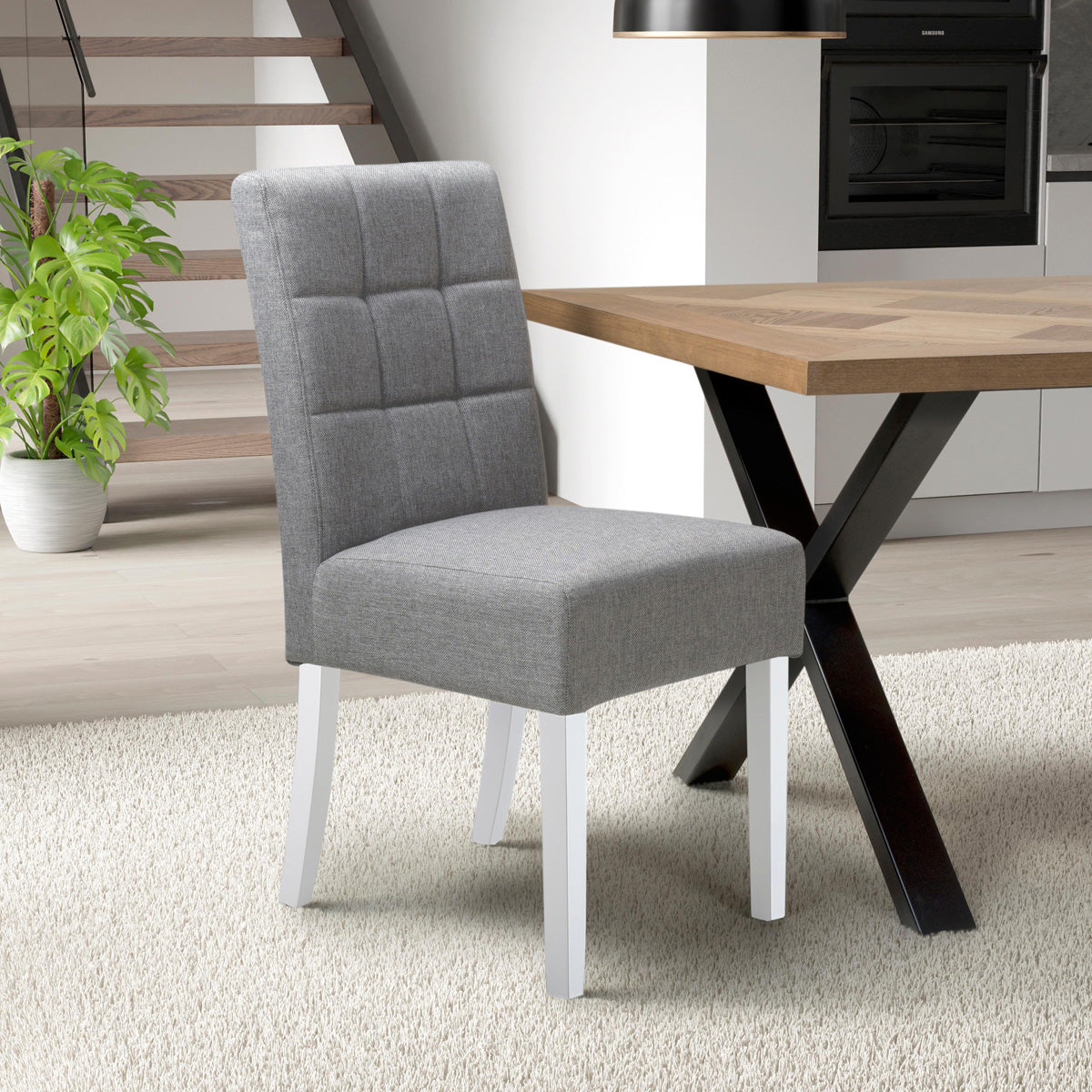 Waffle Linen Effect Fabric Dining Chairs in Set Of 2 With White Legs - Moseley