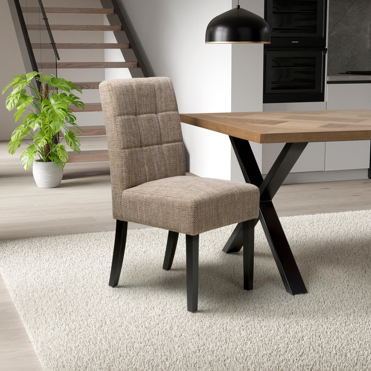 Waffle Tweed Fabric Dining Chairs in Set Of 2 With Black Legs - Moseley