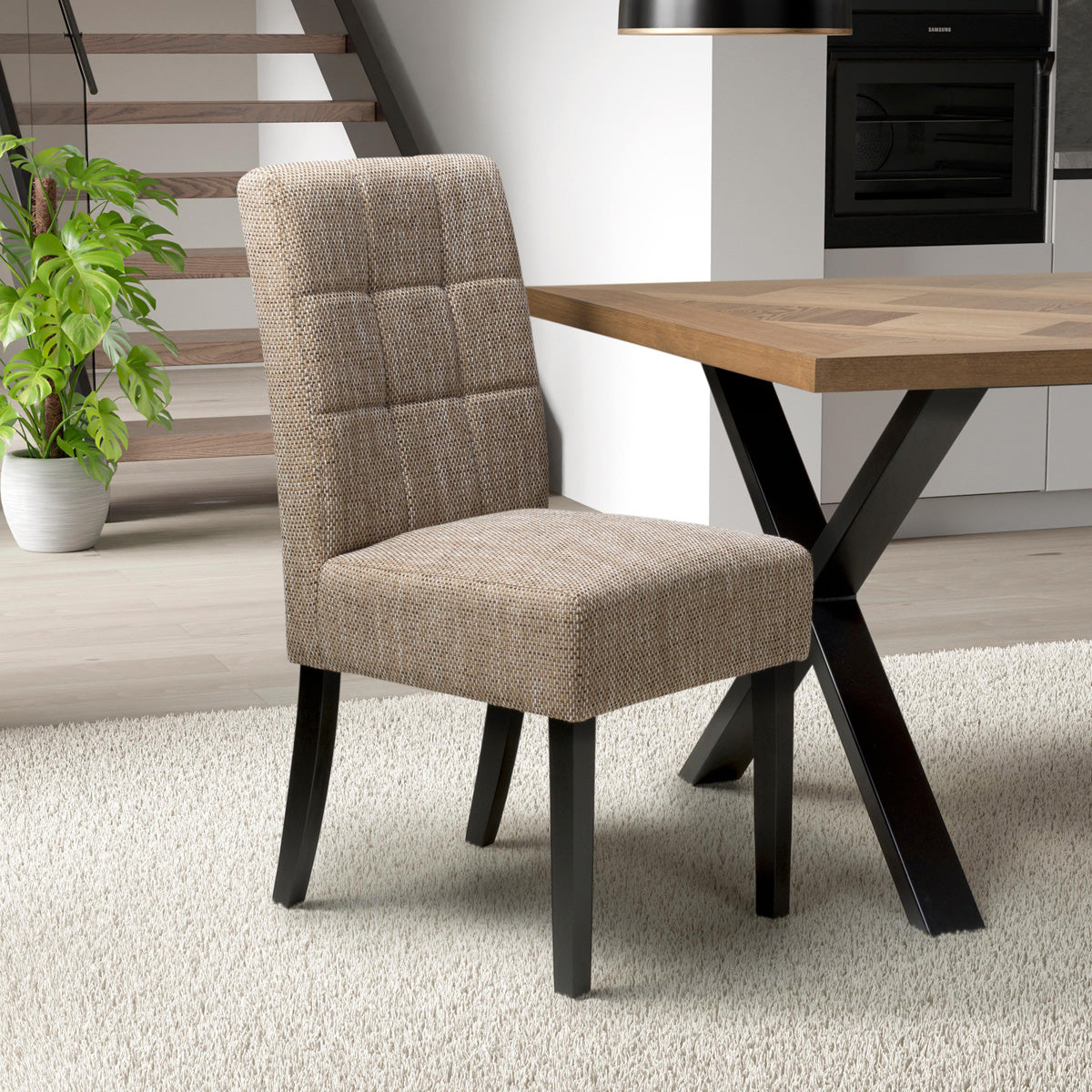 Waffle Tweed Fabric Dining Chairs in Set Of 2 With Black Legs - Moseley