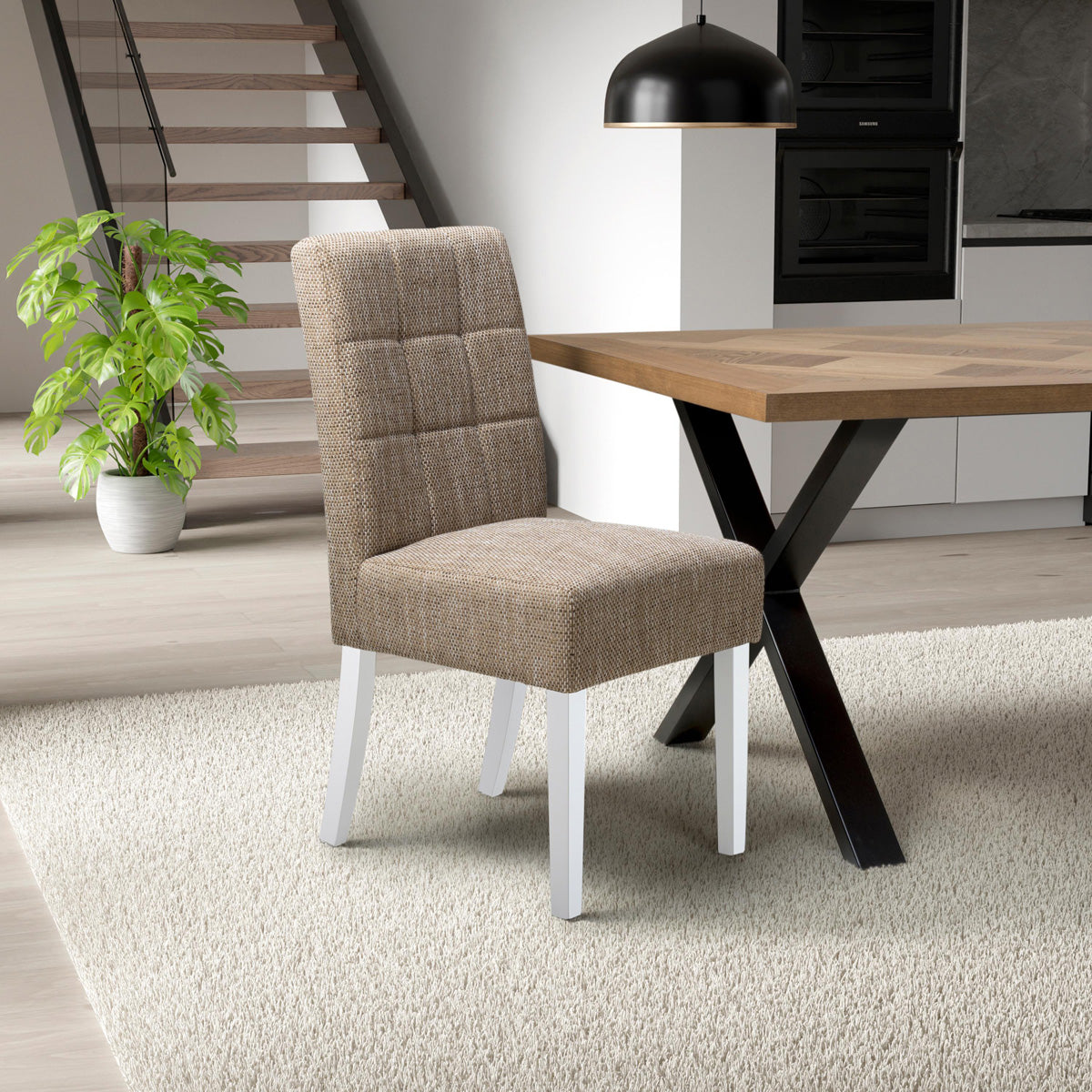 Waffle Tweed Fabric Dining Chairs in Set Of 2 With White Legs - Moseley