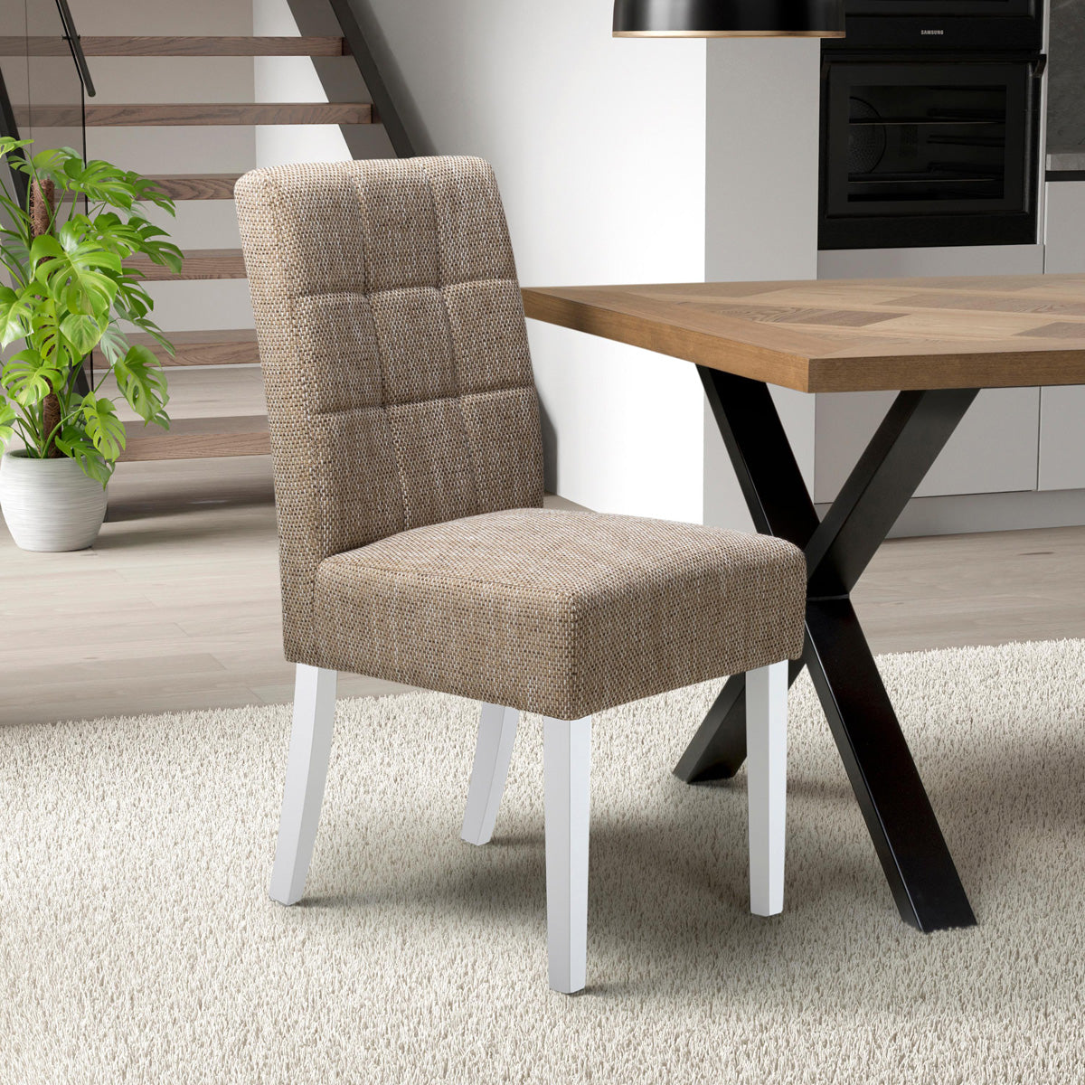 Waffle Tweed Fabric Dining Chairs in Set Of 2 With White Legs - Moseley