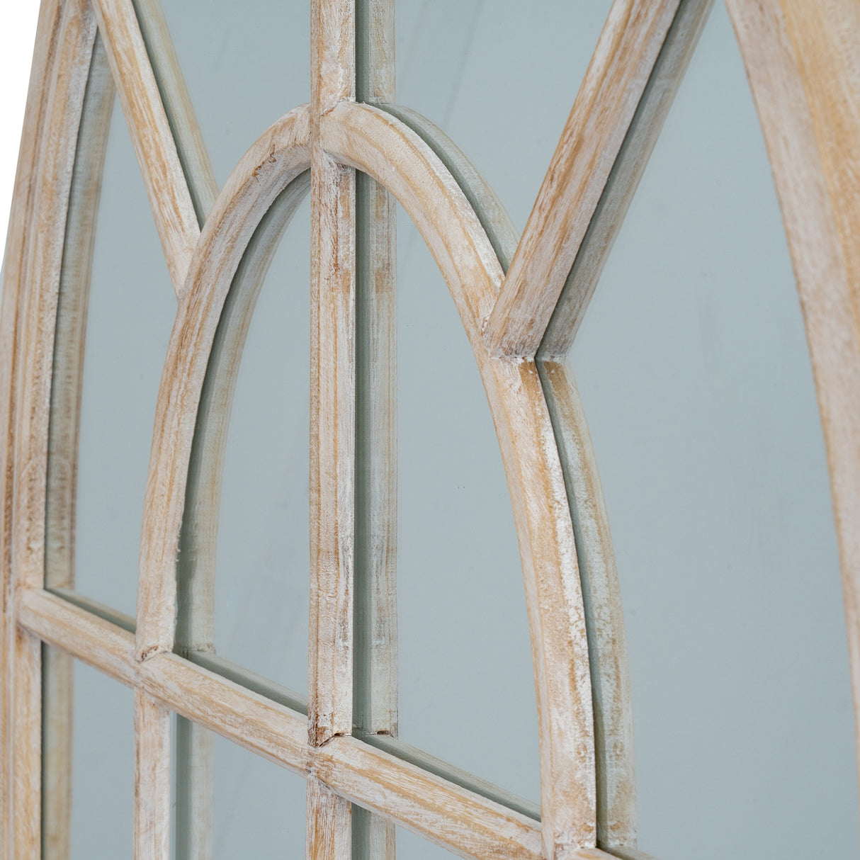 Wall Mirror Arched Window Design In Washed Wooden Frame - Glasgow