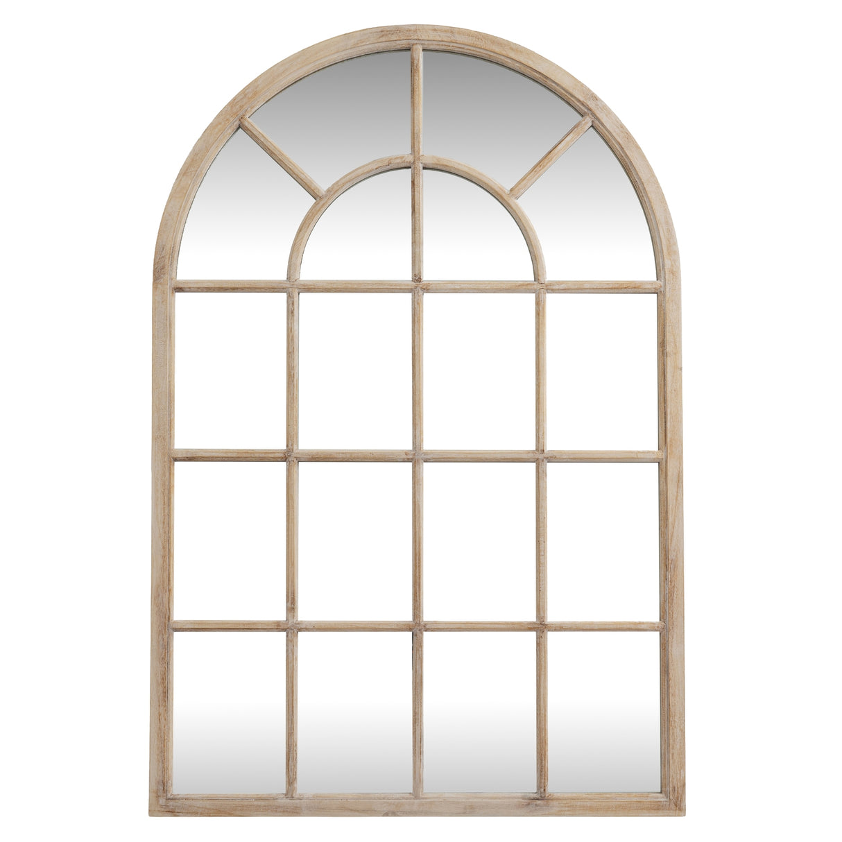 Wall Mirror Arched Window Design In Washed Wooden Frame - Glasgow