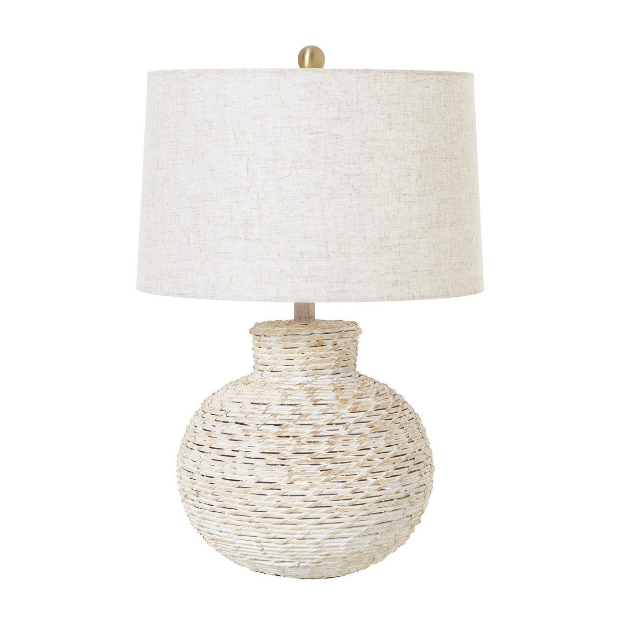 White Linen Shade Table Lamp With Bulbous Wooden Base - Wicker