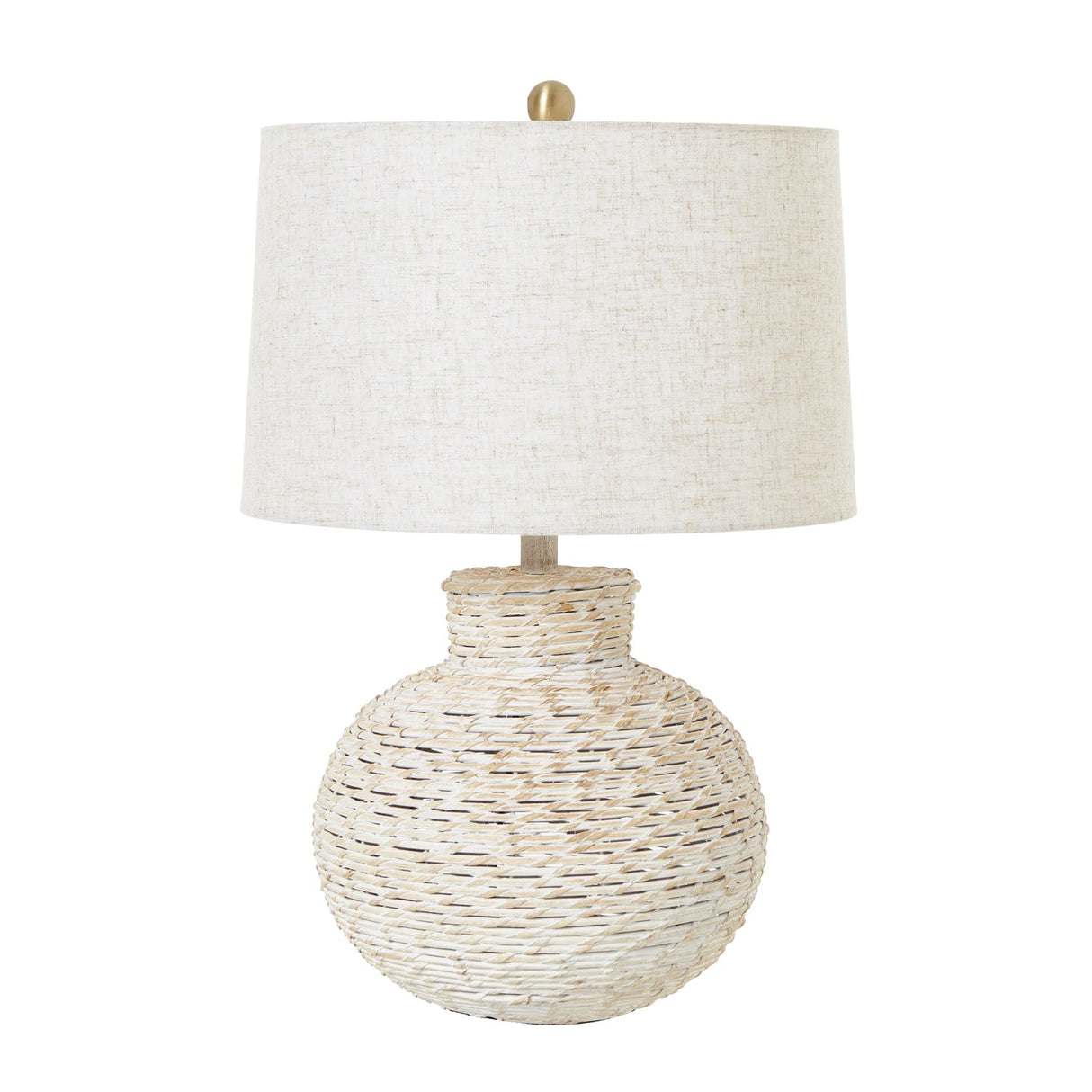 White Linen Shade Table Lamp With Bulbous Wooden Base - Wicker
