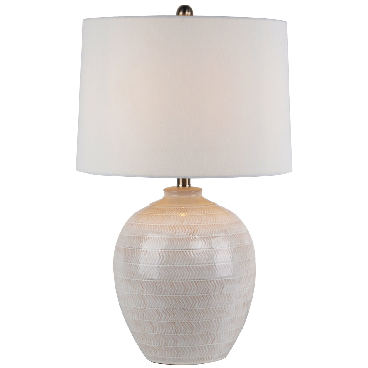White Linen Shade Table Lamp With Geometric Ceramic Base - Chevronne