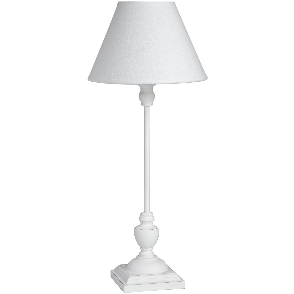 White Linen Shade Table Lamp With Slim White Wooden Base - Symi