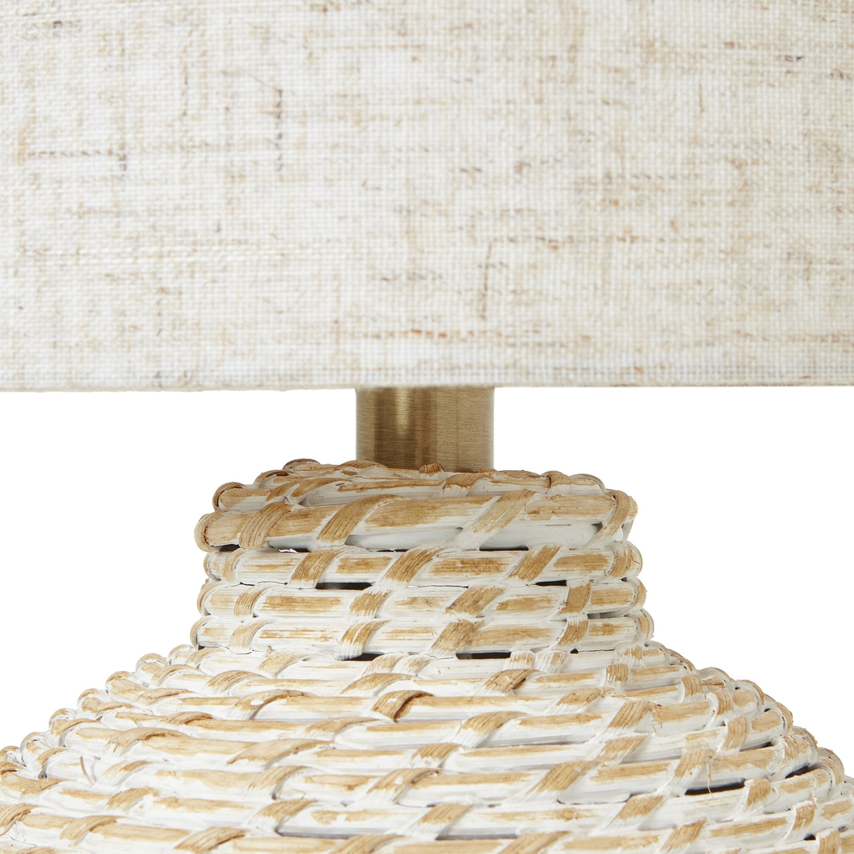 White Linen Shade Table Lamp Small With Bulbous Wooden Base - Wicker