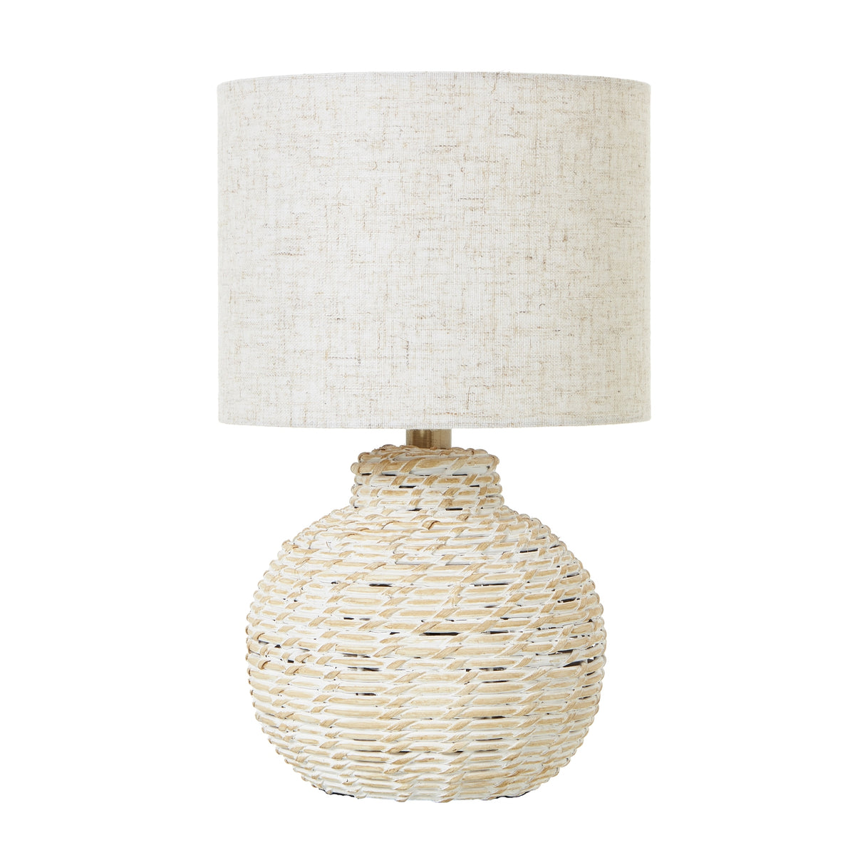 White Linen Shade Table Lamp Small With Bulbous Wooden Base - Wicker