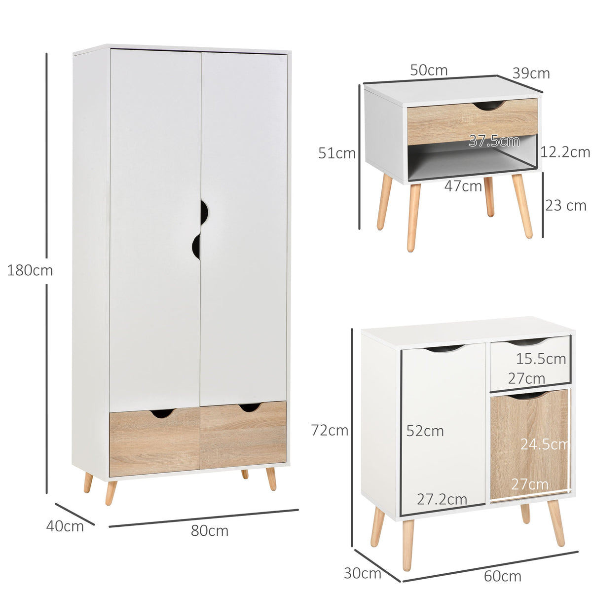 Wooden 4 Piece Bedroom Furniture Set With 2 Doors Sideboard - Velmora