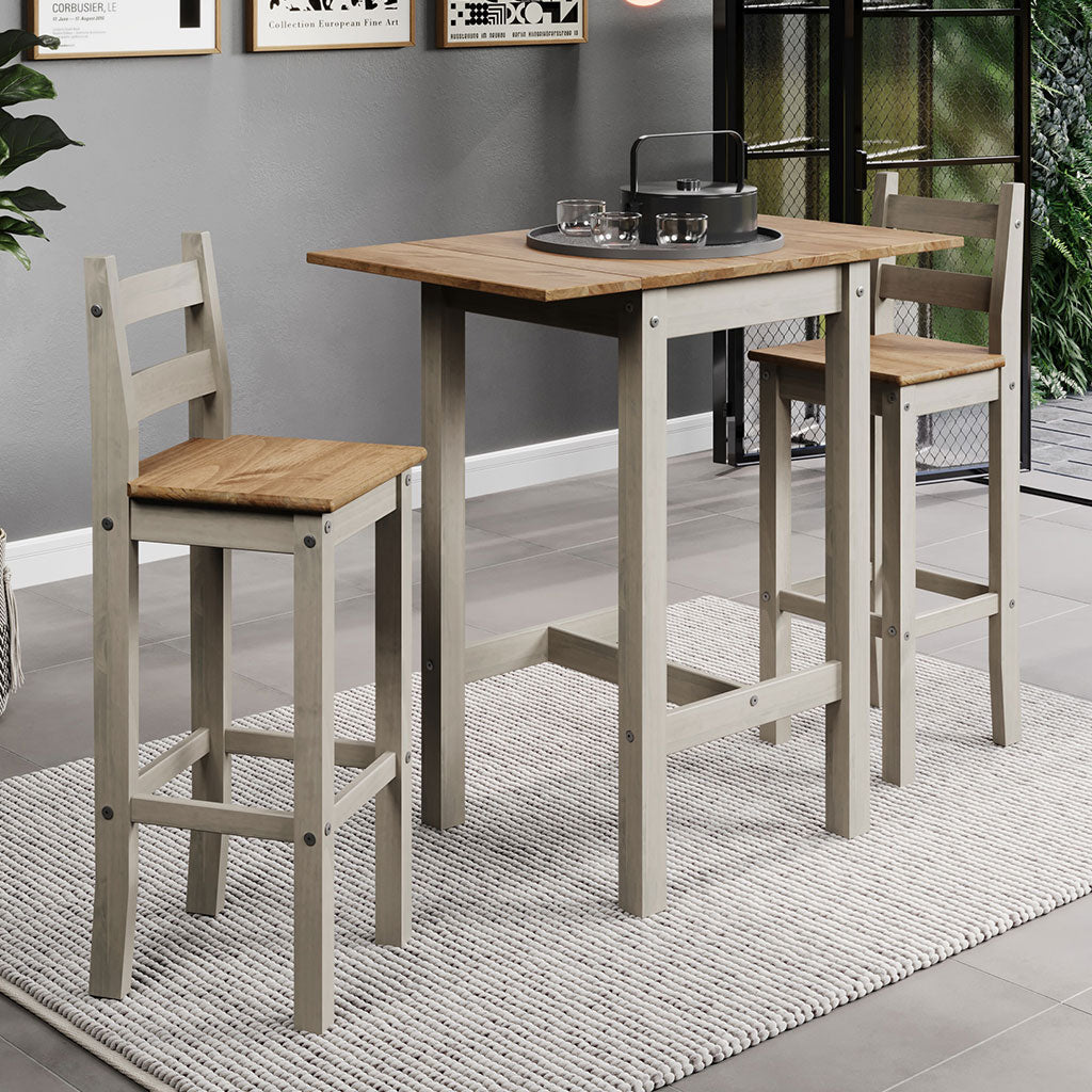 Wooden Bar Table 100cm Wide Drop Leaf With 2 Bar Chairs - Corona