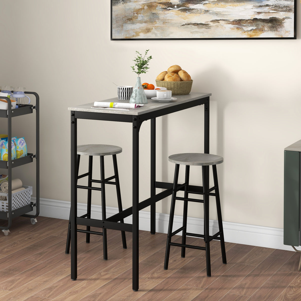 Wooden Bar Table 105cm Wide Rectangular With 2 Stools - Velmora