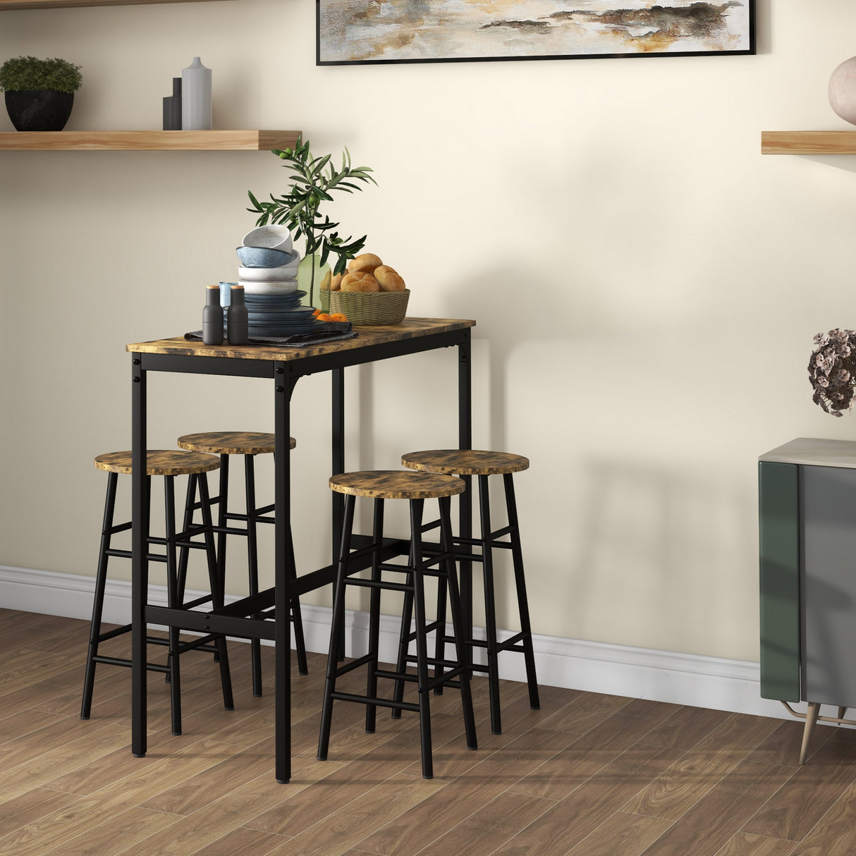 Wooden Bar Table 105cm Wide Rectangular With 4 Stools - Velmora