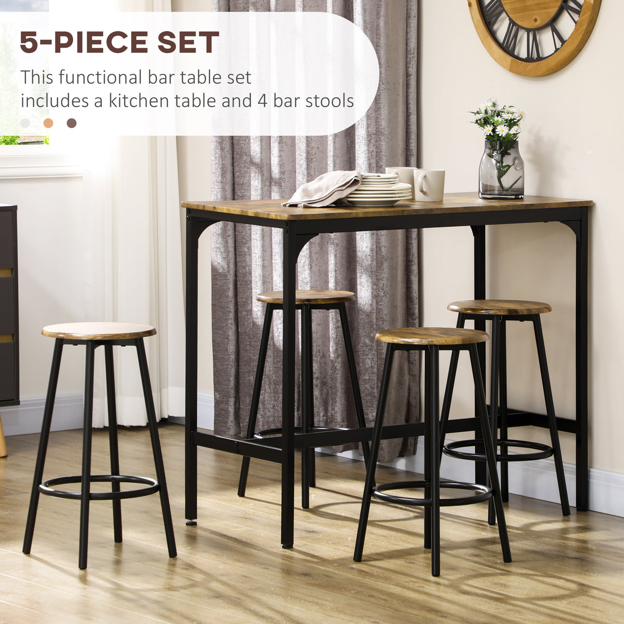 Wooden Bar Table 110cm Wide Rectangular With 4 Stools - Velmora