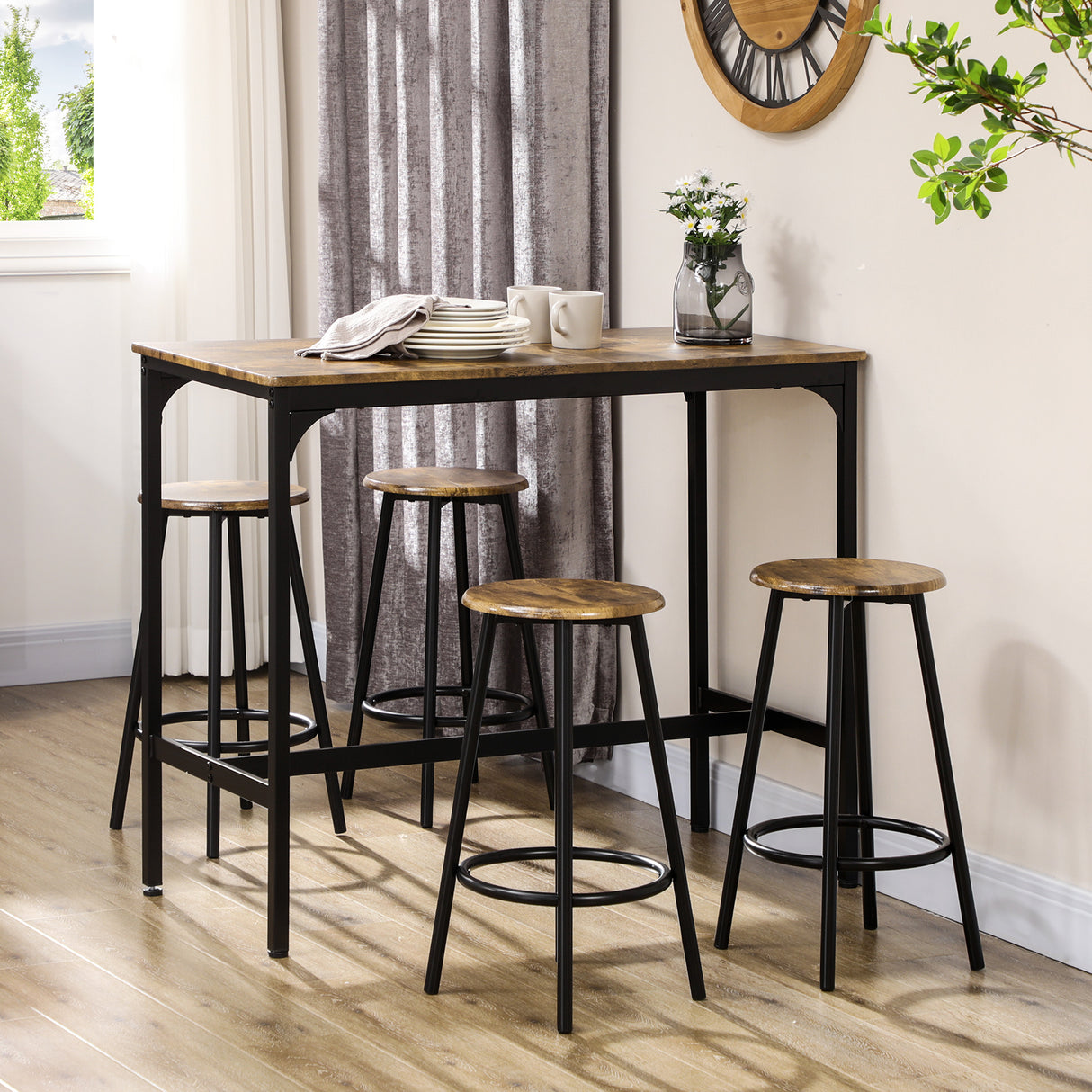 Wooden Bar Table 110cm Wide Rectangular With 4 Stools - Velmora