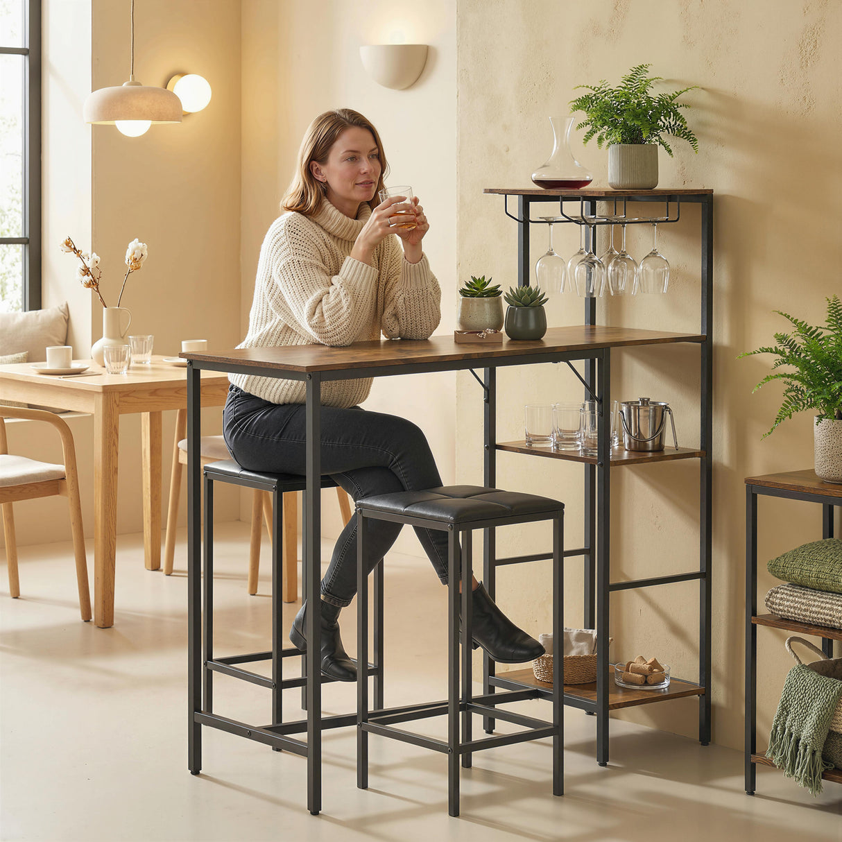 Wooden Bar Table 122cm Wide Rectangular With 2 Stools - Velmora