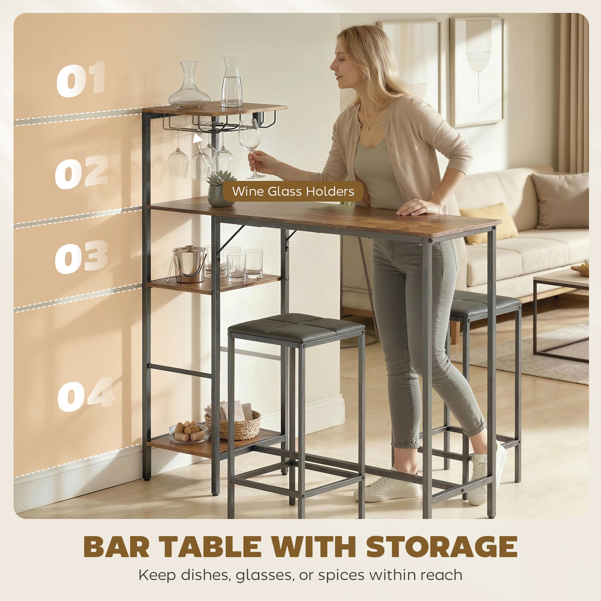 Wooden Bar Table 122cm Wide Rectangular With 2 Stools - Velmora