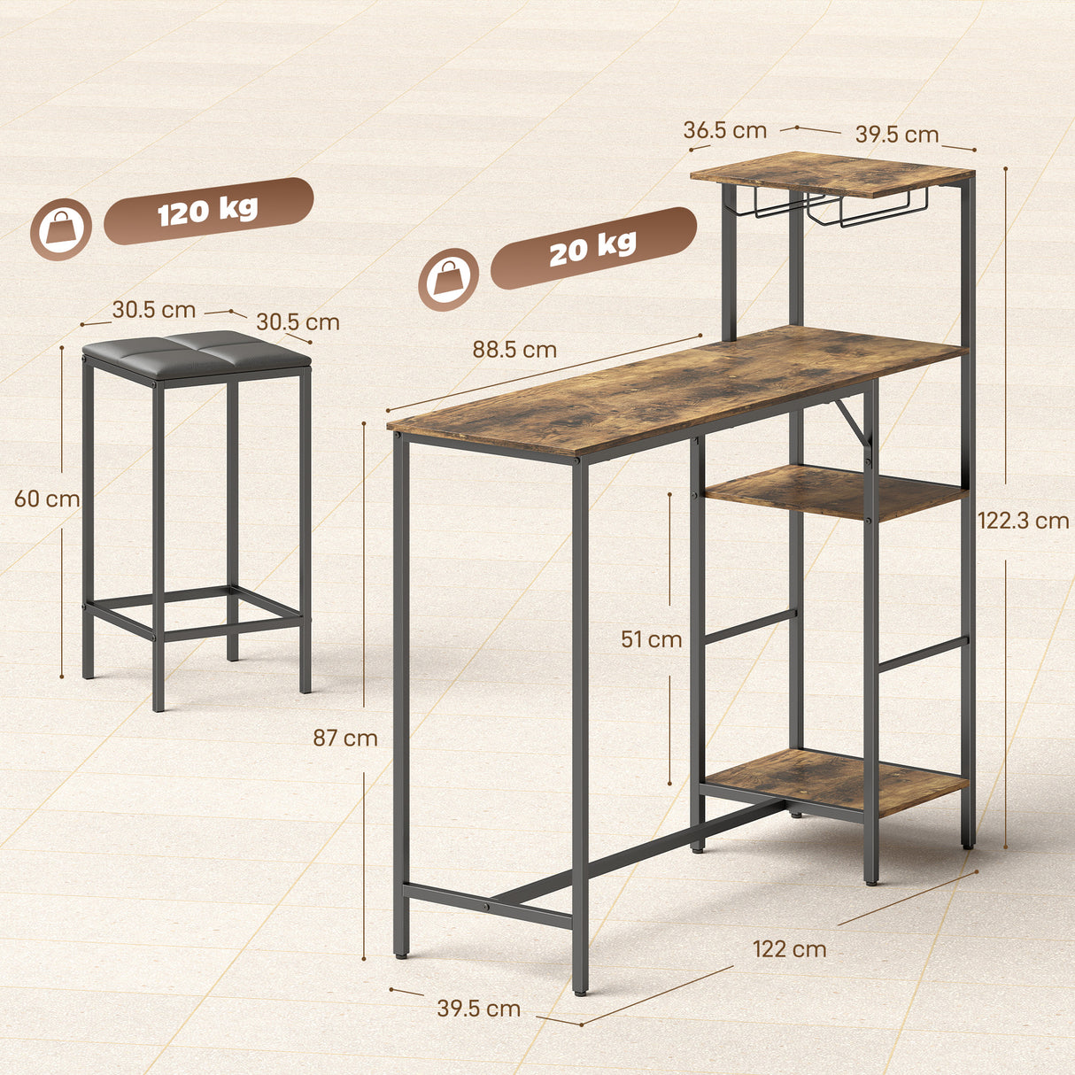 Wooden Bar Table 122cm Wide Rectangular With 2 Stools - Velmora