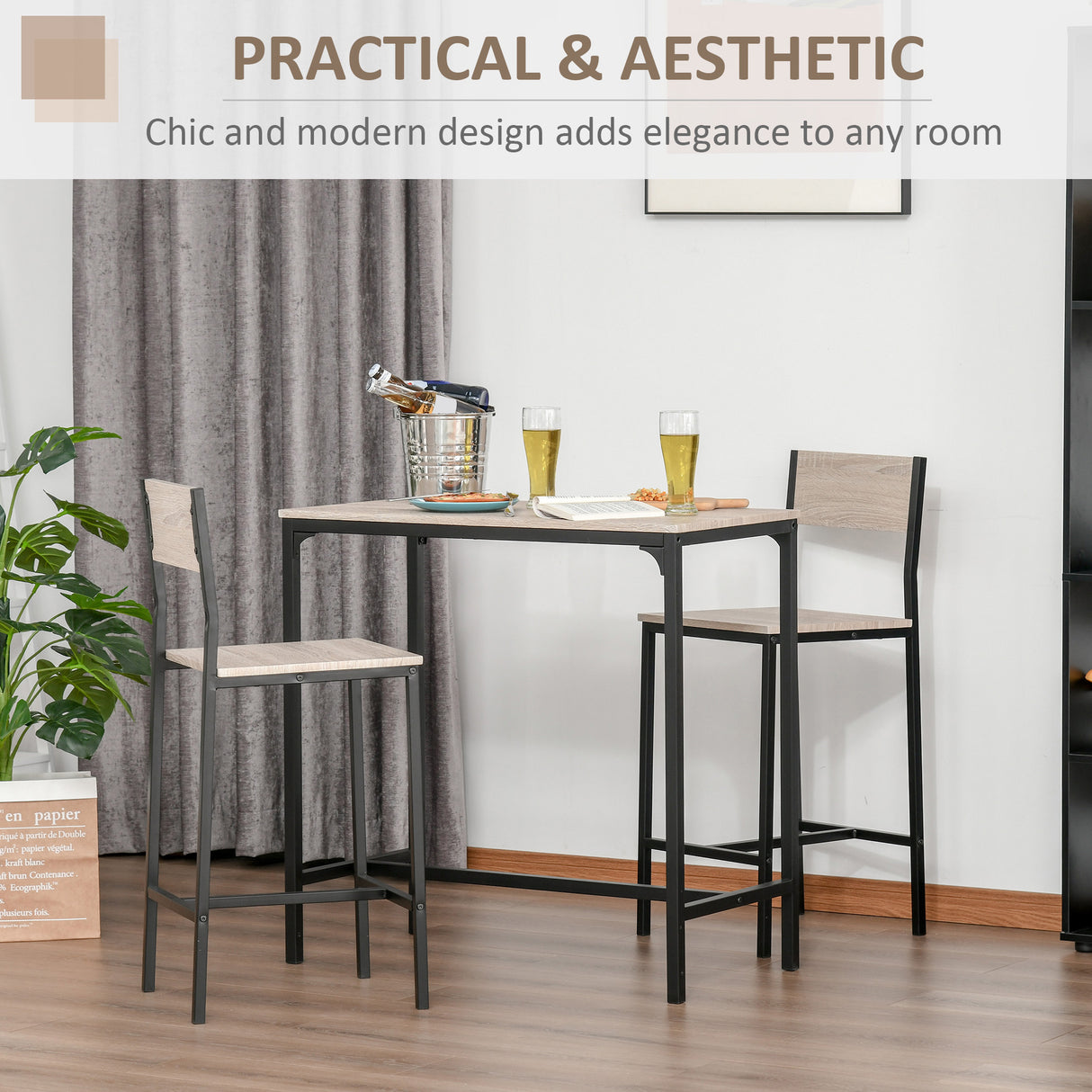 Wooden Bar Table 89cm Wide Rectangular With 2 Stools - Velmora