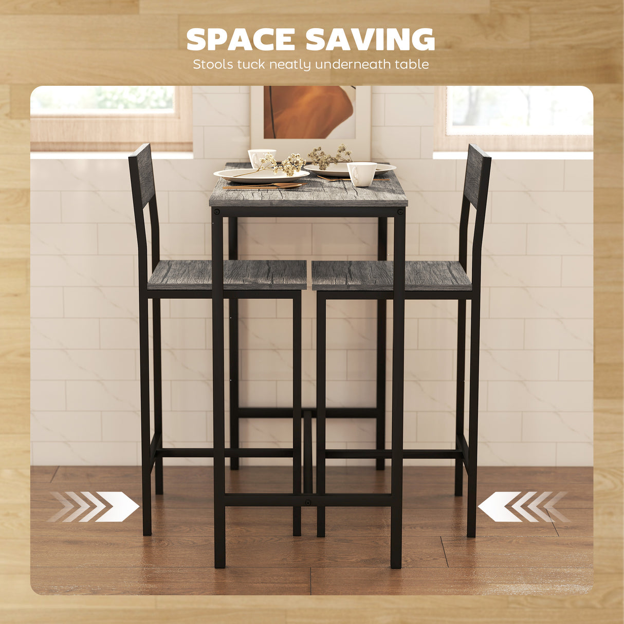 Wooden Bar Table 89cm Wide Rectangular With 2 Stools - Velmora