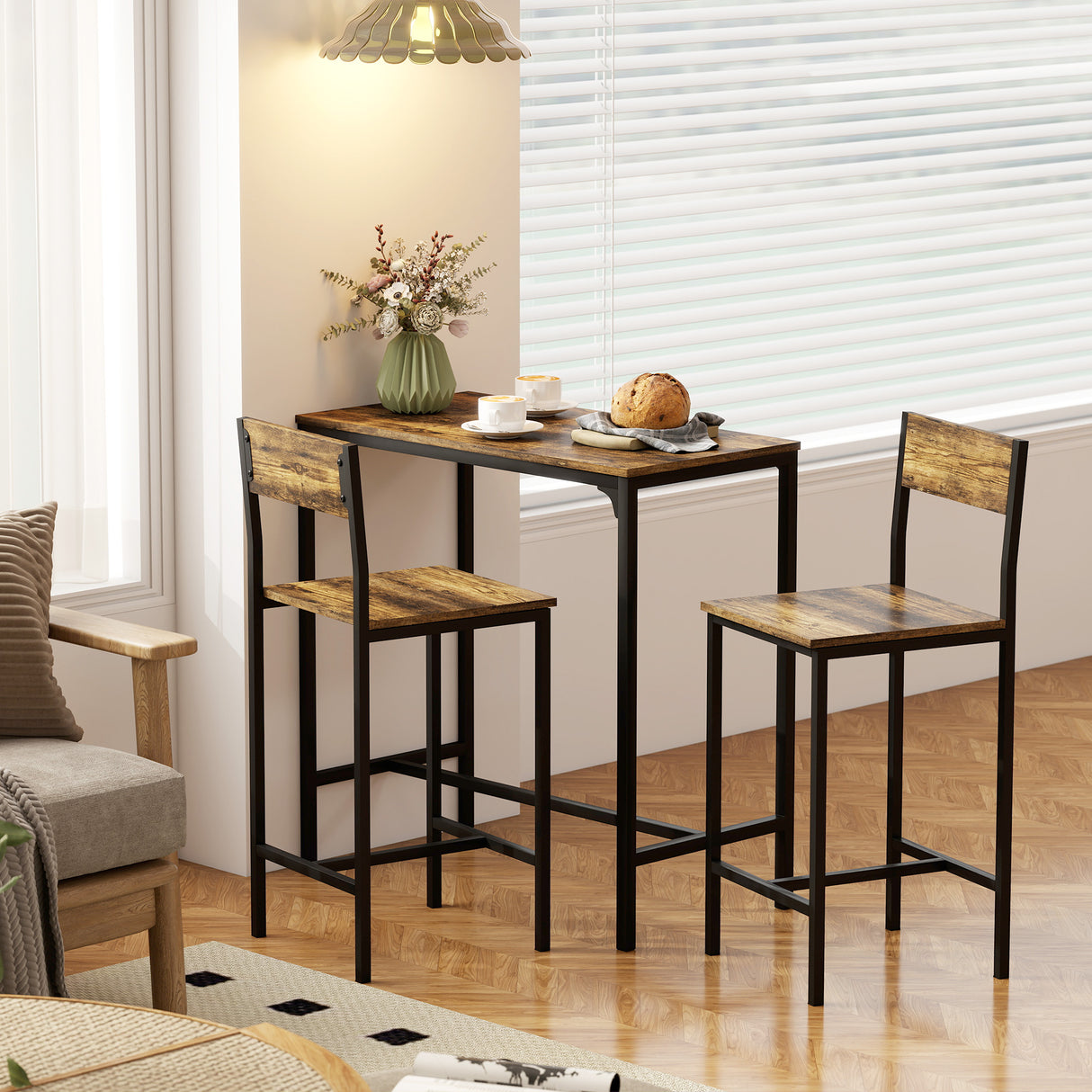 Wooden Bar Table 89cm Wide Rectangular With 2 Stools - Velmora