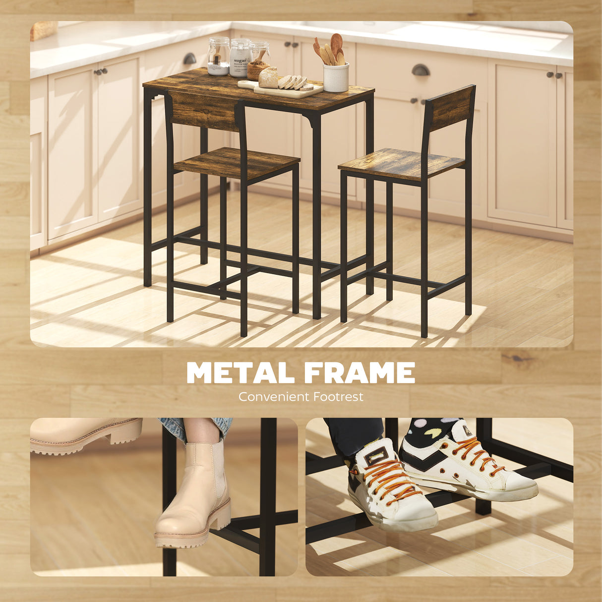 Wooden Bar Table 89cm Wide Rectangular With 2 Stools - Velmora