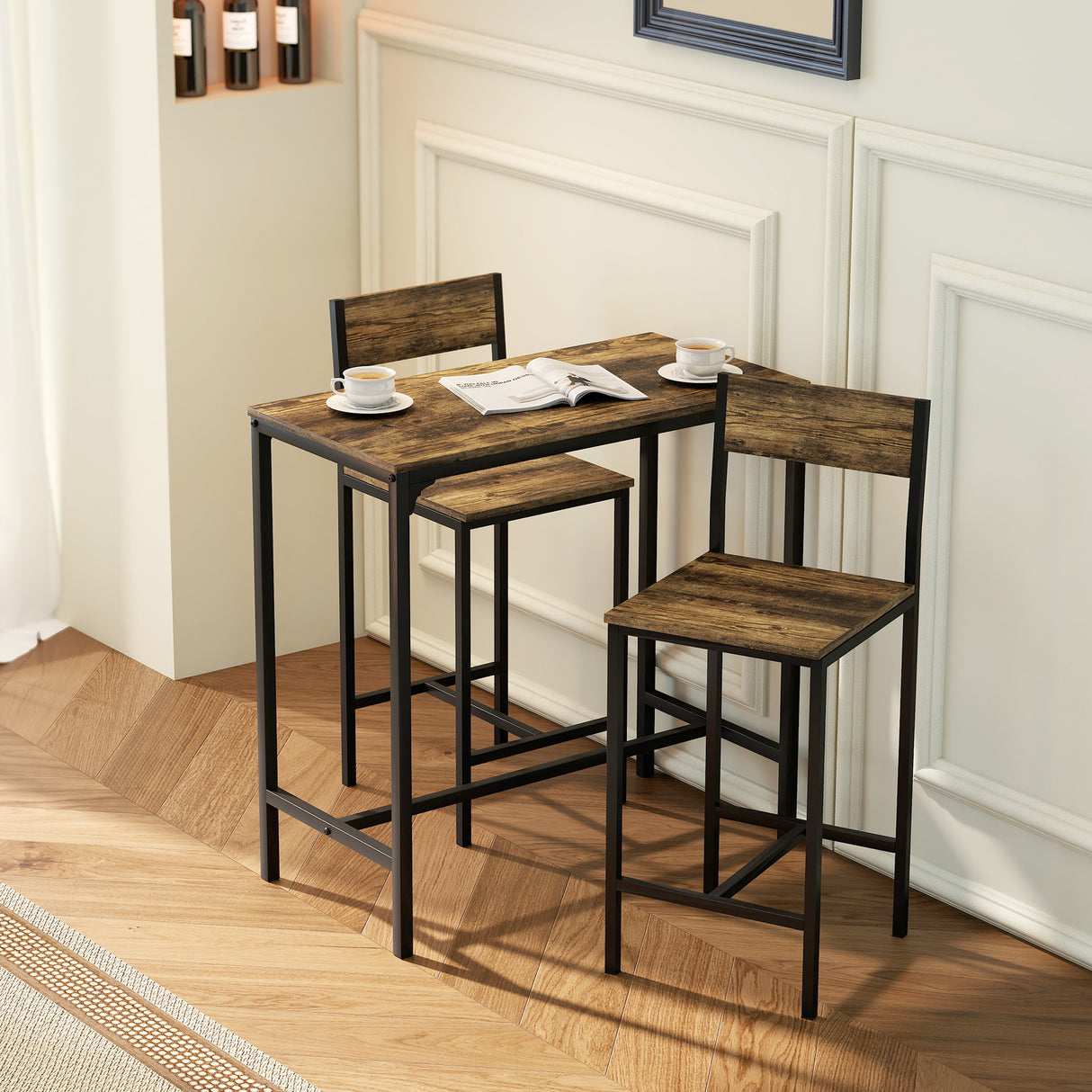 Wooden Bar Table 89cm Wide Rectangular With 2 Stools - Velmora