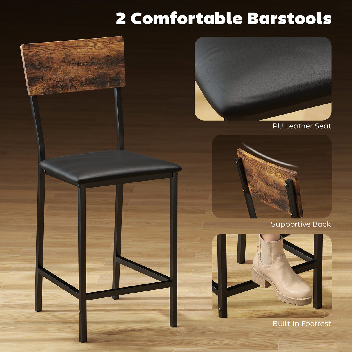 Wooden Bar Table 90cm Wide Rectangular With 2 Chairs - Velmora