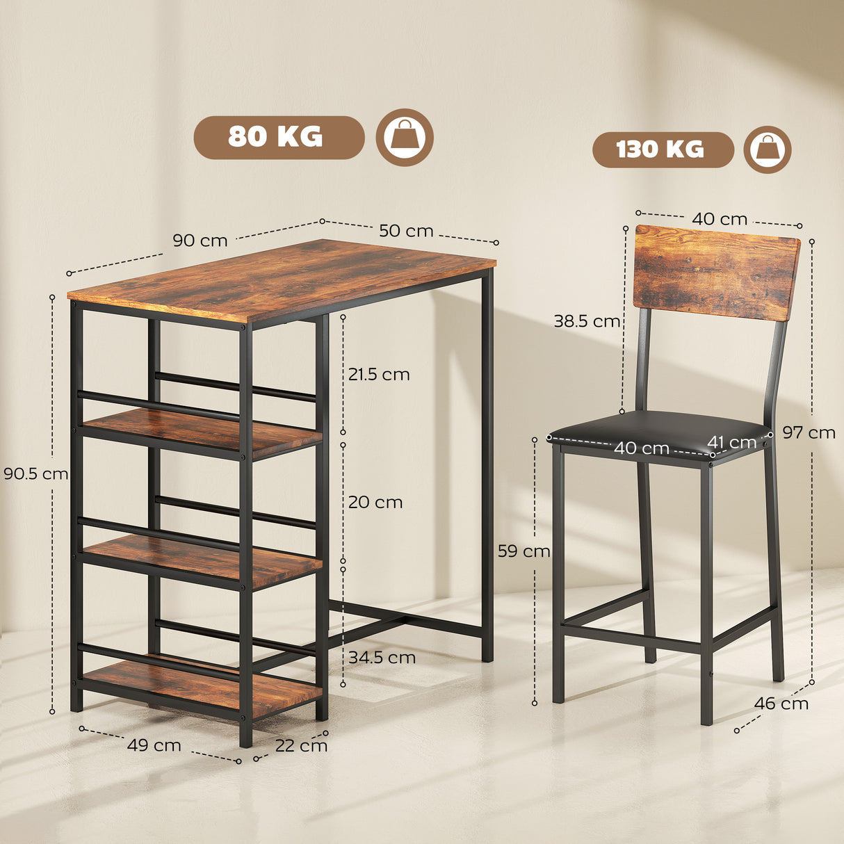 Wooden Bar Table 90cm Wide Rectangular With 2 Chairs - Velmora