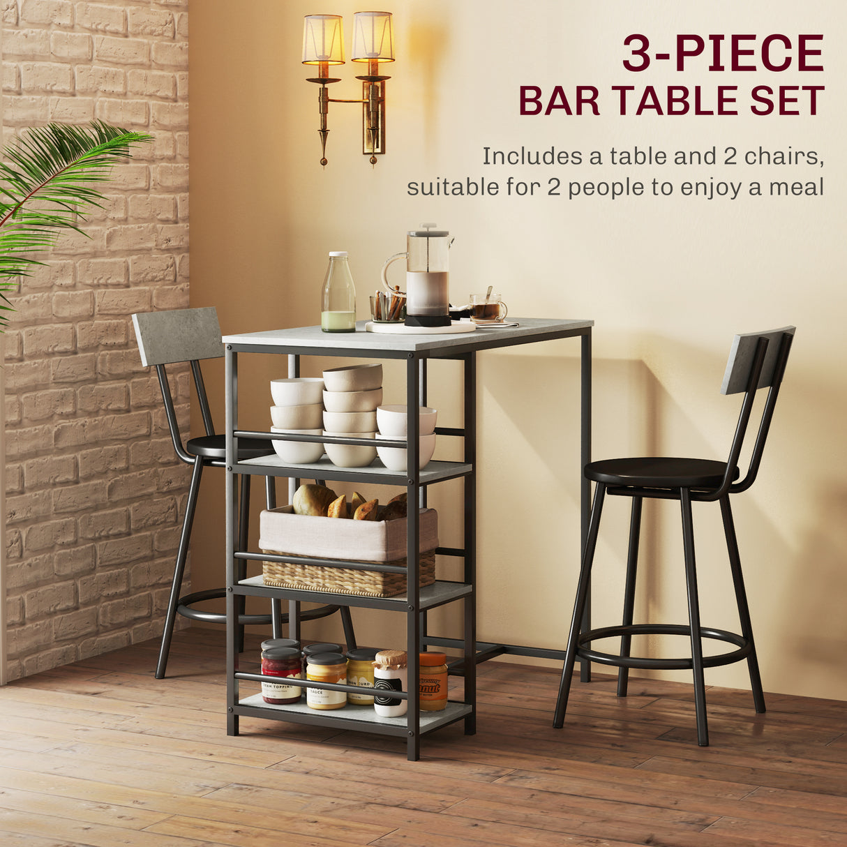 Wooden Bar Table 90cm Wide Rectangular With 2 Stools - Velmora