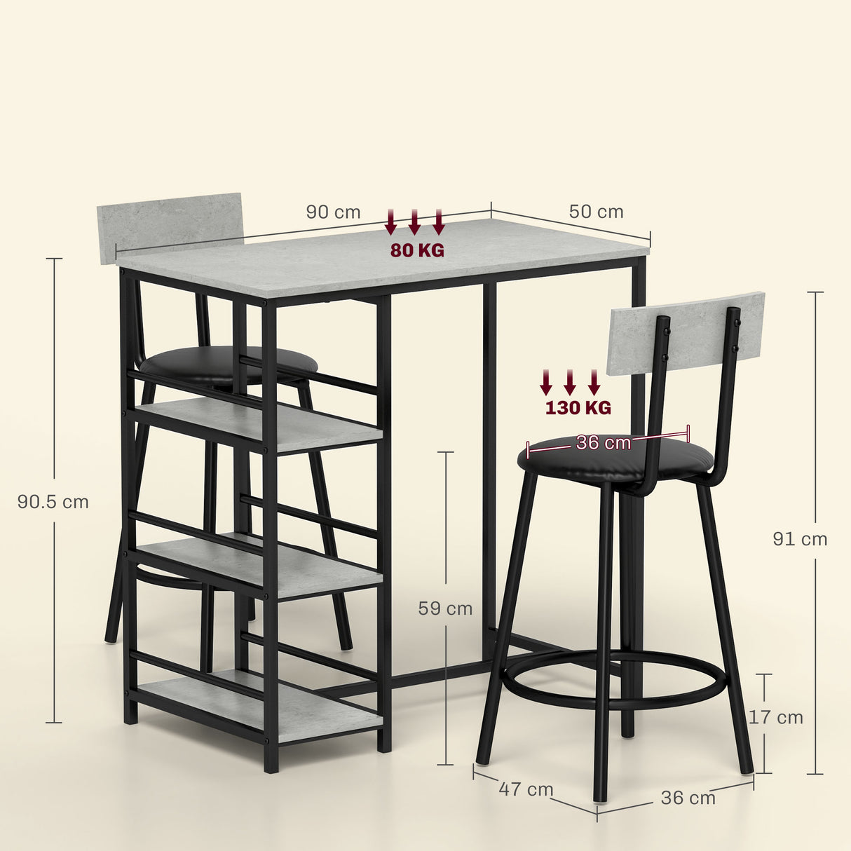 Wooden Bar Table 90cm Wide Rectangular With 2 Stools - Velmora
