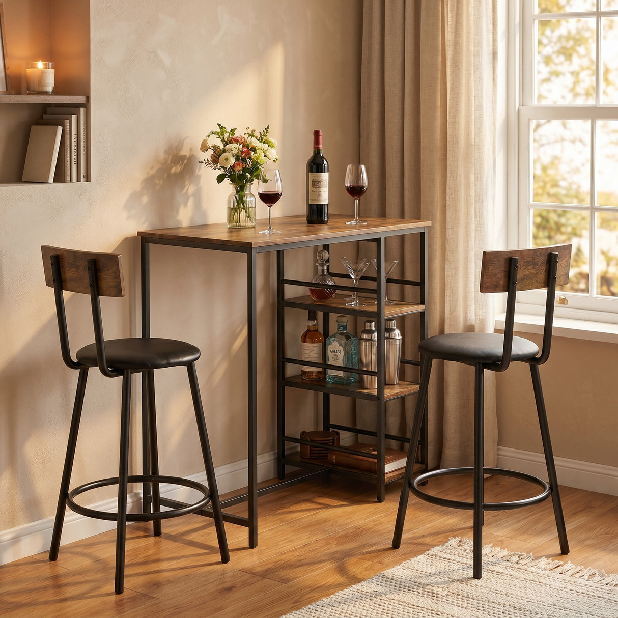 Wooden Bar Table 90cm Wide Rectangular With 2 Stools - Velmora