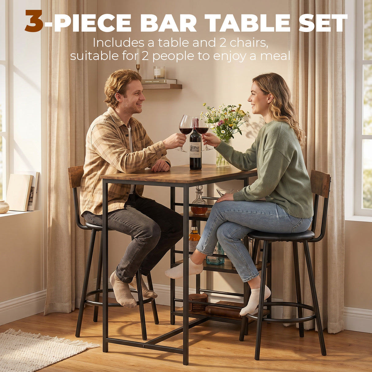 Wooden Bar Table 90cm Wide Rectangular With 2 Stools - Velmora