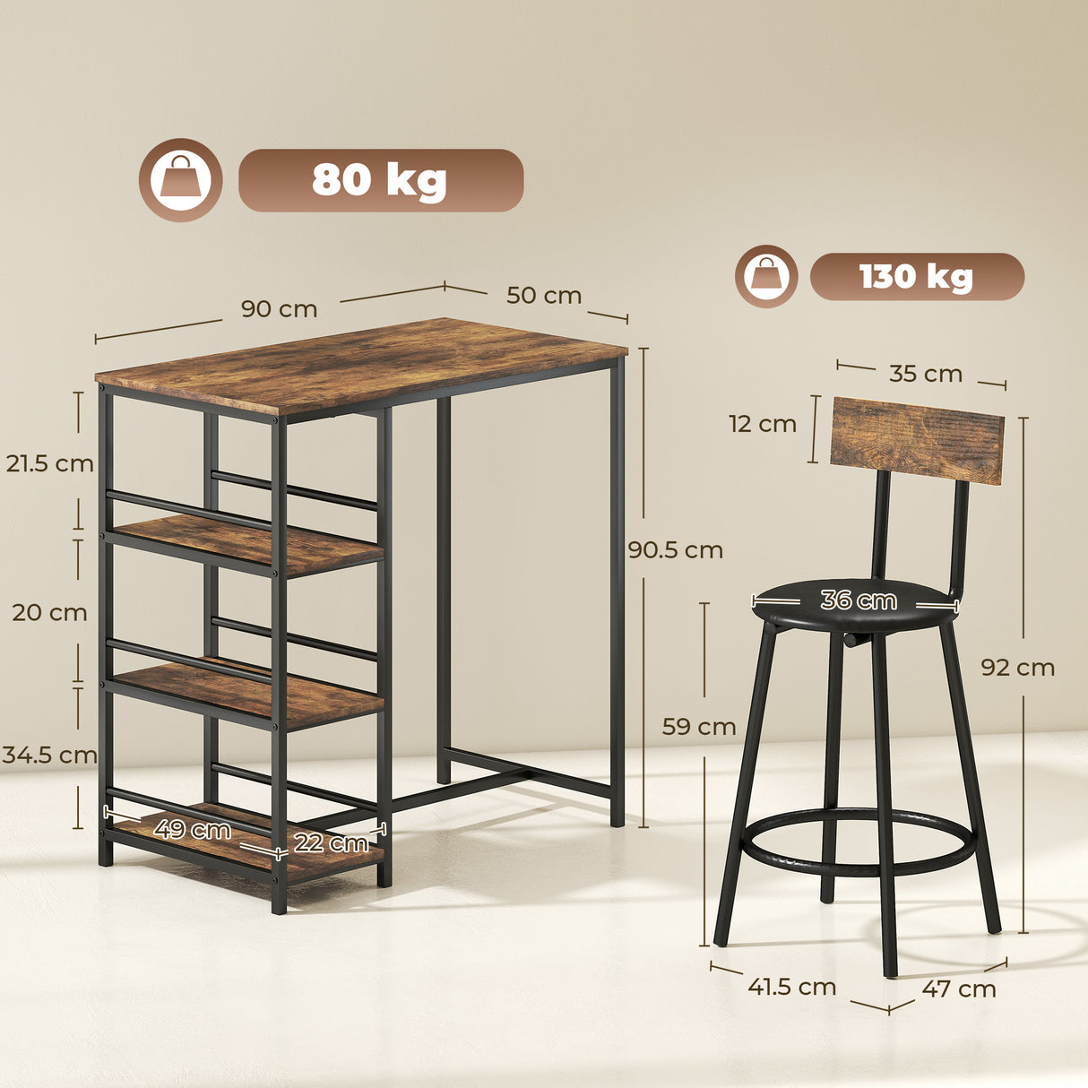 Wooden Bar Table 90cm Wide Rectangular With 2 Stools - Velmora
