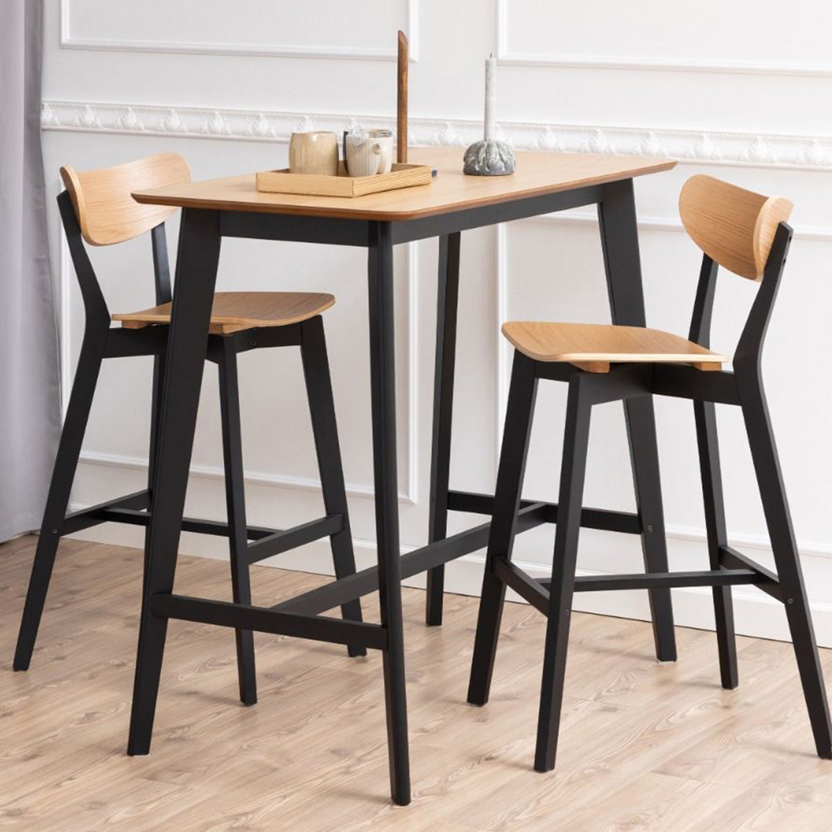 Wooden Bar Table Rectangular With 2 Roxby Oak Bar Stools - Roxby